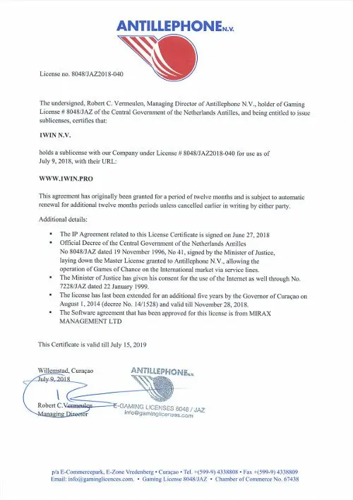 Лицензия Cactus Casino Curacao 8048/JAZ2018-040